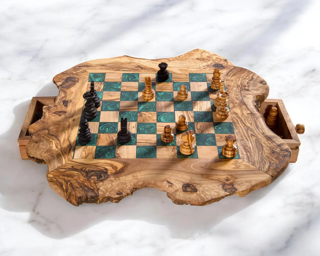 Handmade Vintage Olive Wood Chess Board – Epoxy Squares | Olivarts - Olivarts