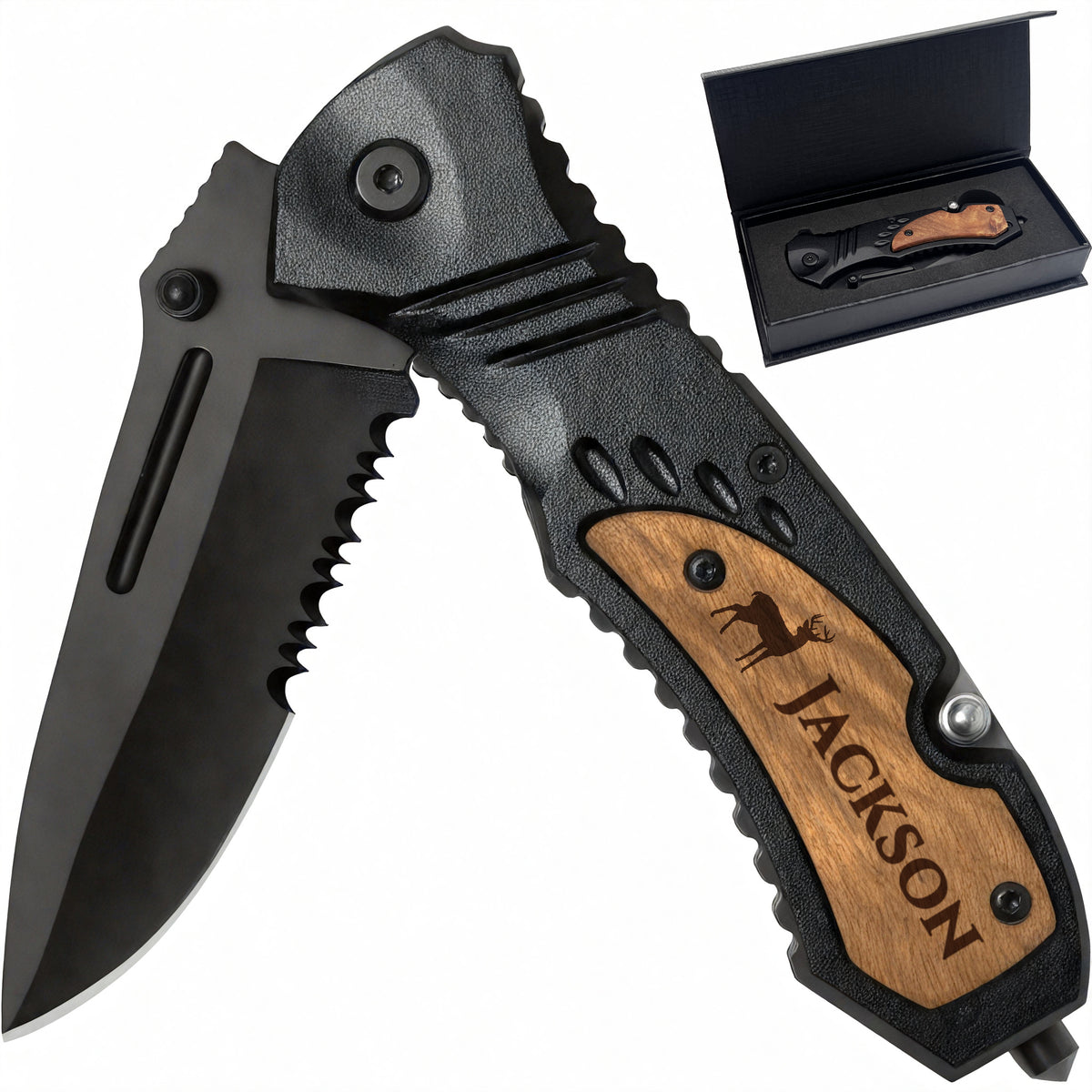 Personalized pocket knife with custom engraved wooden handle overlay and black tactical serrated blade in its gift box