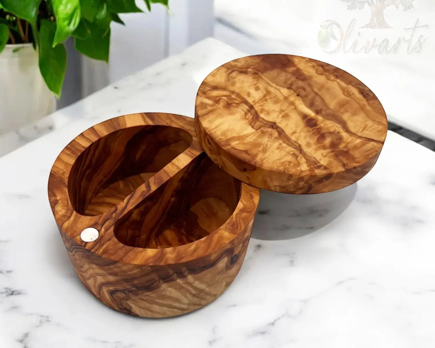 olive wood salt cellar with dual compartments and lid | Olivarts