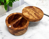 olive wood salt cellar with dual compartments and lid | Olivarts