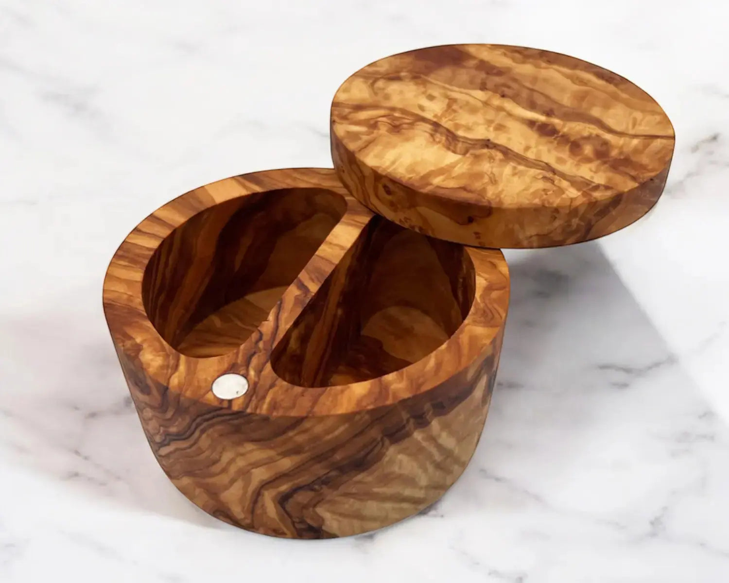 olive wood salt cellar with dual compartments and lid | Olivarts