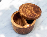 olive wood salt cellar with dual compartments and lid | Olivarts