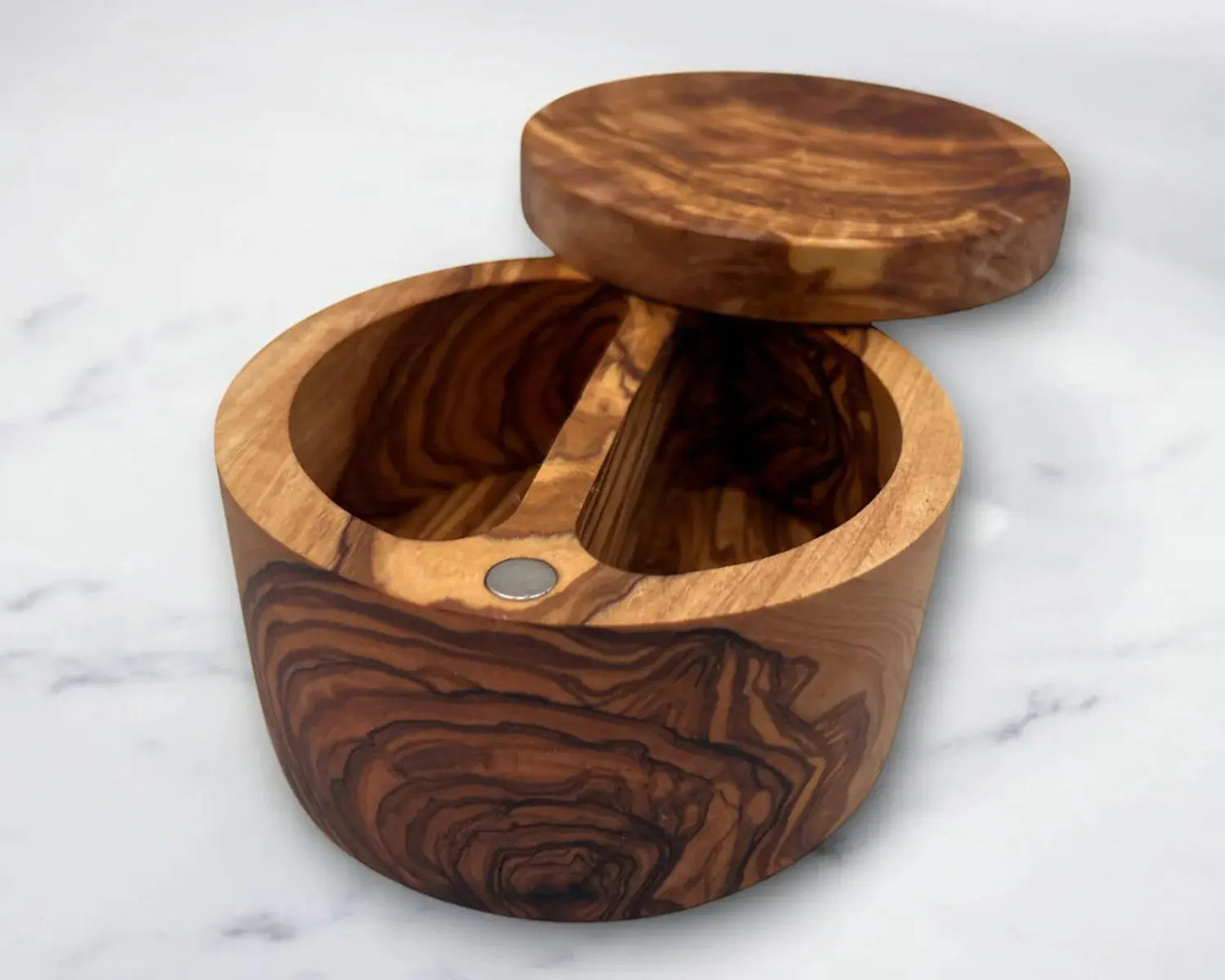 olive wood salt cellar with dual compartments and lid | Olivarts