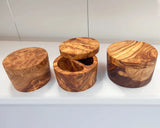 olive wood salt cellar with dual compartments and lid | Olivarts