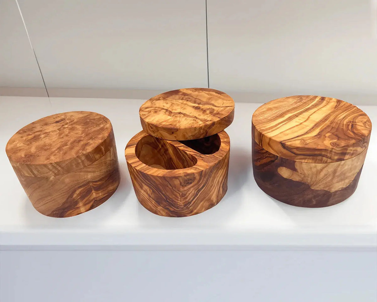 olive wood salt cellar with dual compartments and lid | Olivarts