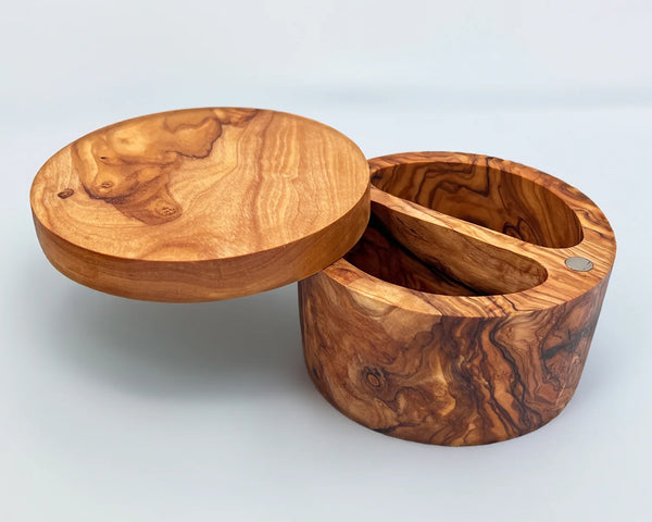 olive wood salt cellar with dual compartments and lid | Olivarts
