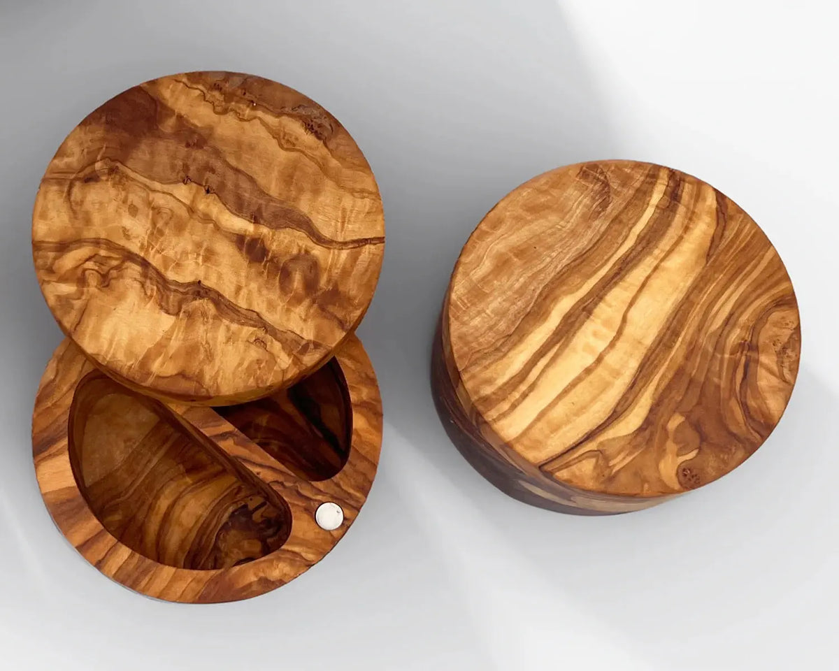 olive wood salt cellar with dual compartments and lid | Olivarts