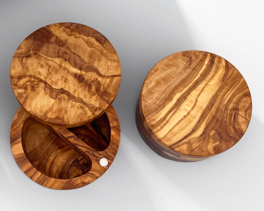 olive wood salt cellar with dual compartments and lid | Olivarts