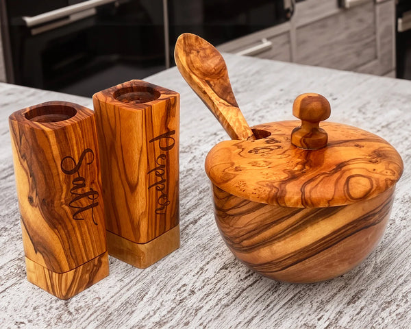 Salt Pepper Container | Olive Wood Salt Cellar With Lid & Spoon | Olivarts