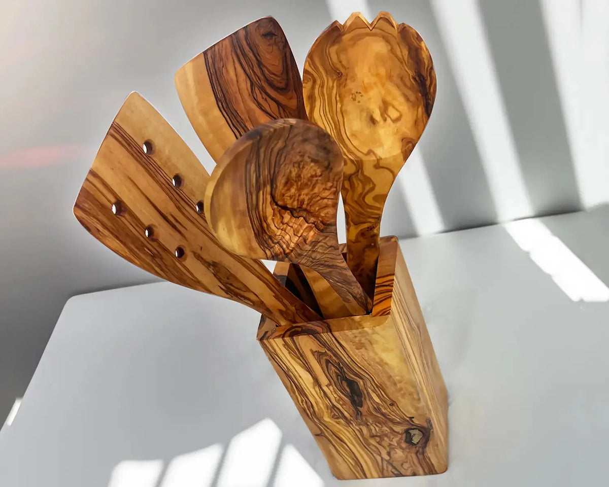 Olive Wood Utensil Set of 4 Kitchen Utensils Wooden Cooking Spatulas & Spoons Kitchen | Olivarts
