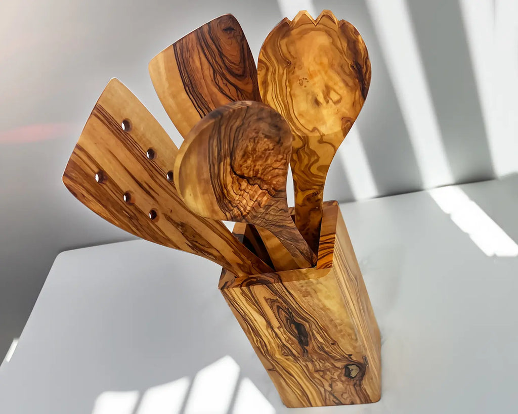 Olive Wood Utensil Set of 4 Kitchen Utensils Wooden Cooking Spatulas & Spoons Kitchen | Olivarts