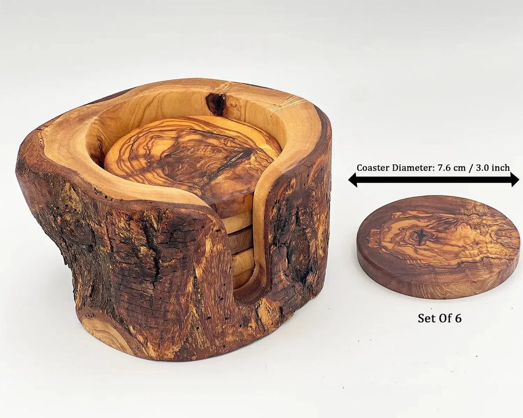 Set of wooden drink coasters made from live edge olive wood with a rustic holder. Features a vintage design with unique natural grain patterns, perfect for protecting surfaces and adding charm to table decor